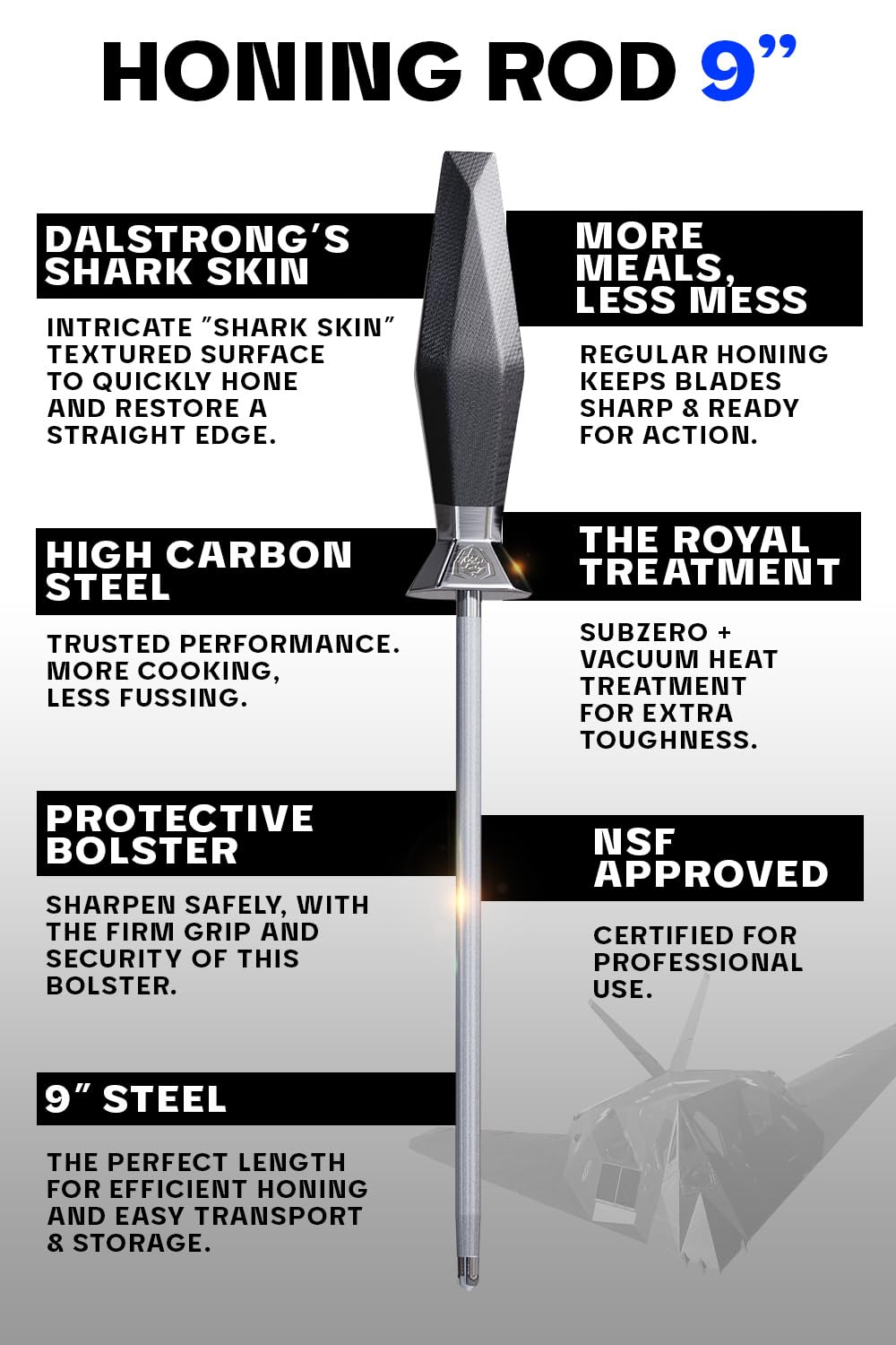 Dalstrong Honing Rod Steel - 9 inch - Shadow Black Series - Black Titanium Nitride Coated - High Carbon 7CR17MOV-X Vacuum Treated Steel - Scratch Free - Kitchen Knife Sharpener Polish - NSF Certified - Image 6