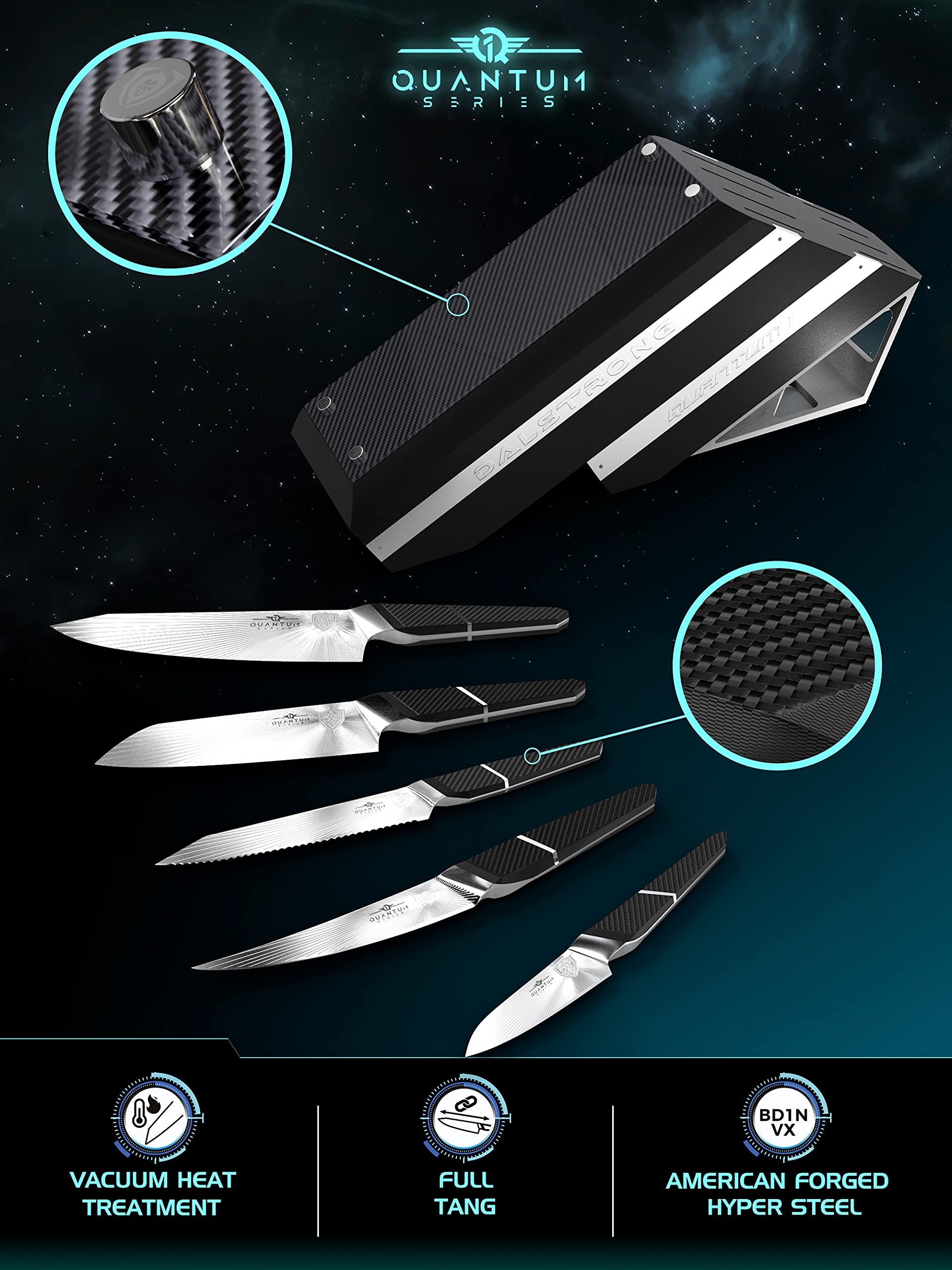 Dalstrong Knife Block Set - 5 Piece - Quantum 1 Series - American Forged BD1N-VX Hyper Steel - Carbon Fibre G10 Hybrid Handle - Professional Kitchen Set - Knife Set - Image 3
