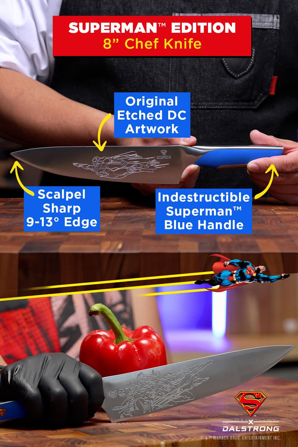Dalstrong Knife Set-2pc- DC SUPERMAN™ Licensed Edition-8" Chef Knife & 4" Paring Knife-Premium German Stainless Steel-POM Handle Kitchen Knife Set-Leather Sheaths - Image 8
