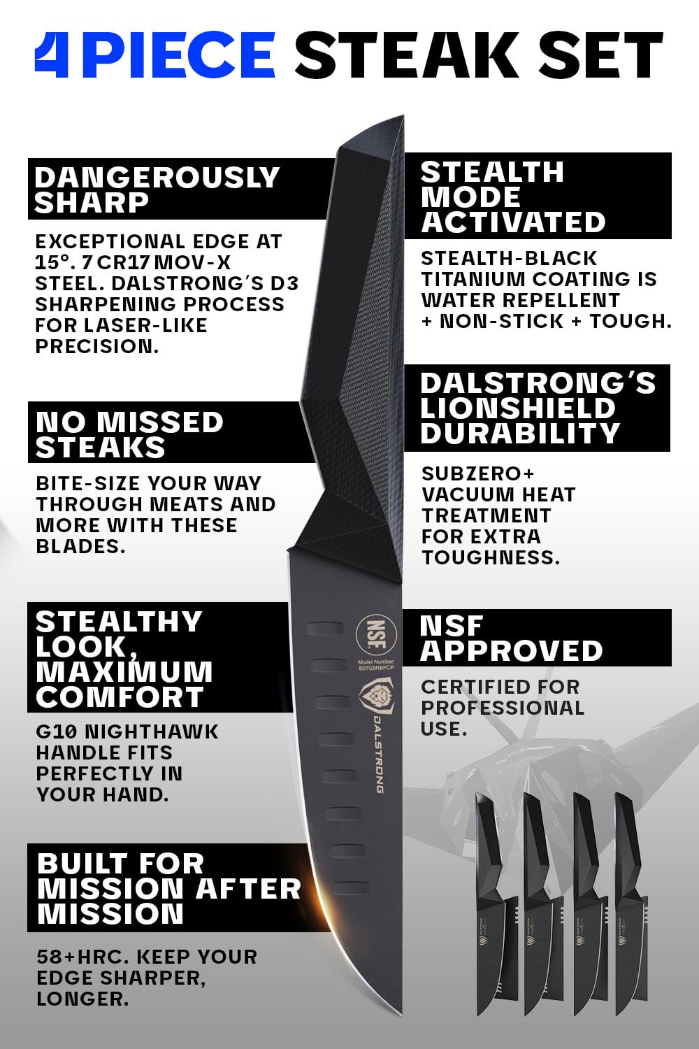 Dalstrong Steak Knife Set-4pc- 5" Blade-Shadow Black Series-Black Titanium Nitride Coated-H Carbon 7CR17MOV-X Vacuum Treated Steel-Dinner Set Kitchen Knives-Sheath-NSF Certified - Image 4