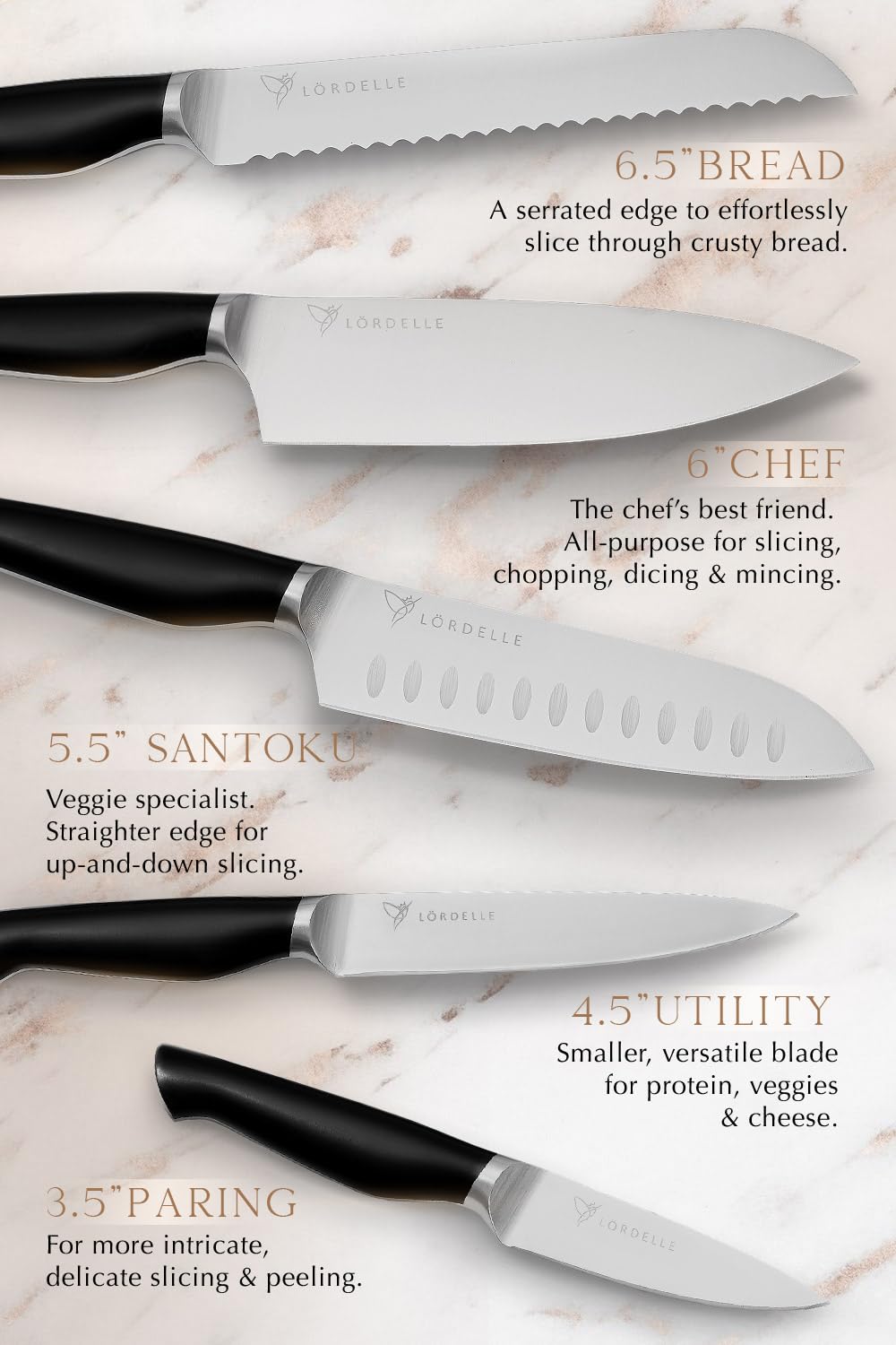 LORDELLE Knife Block Set - 5 Piece Set - Black Vintage Ink - Lifestyle Home Kitchen Design - German X50 Stainless Steel - ABS Handle - Ash Wood Block - Cooking Chef Knife, Santoku, Paring, Utility - Image 3